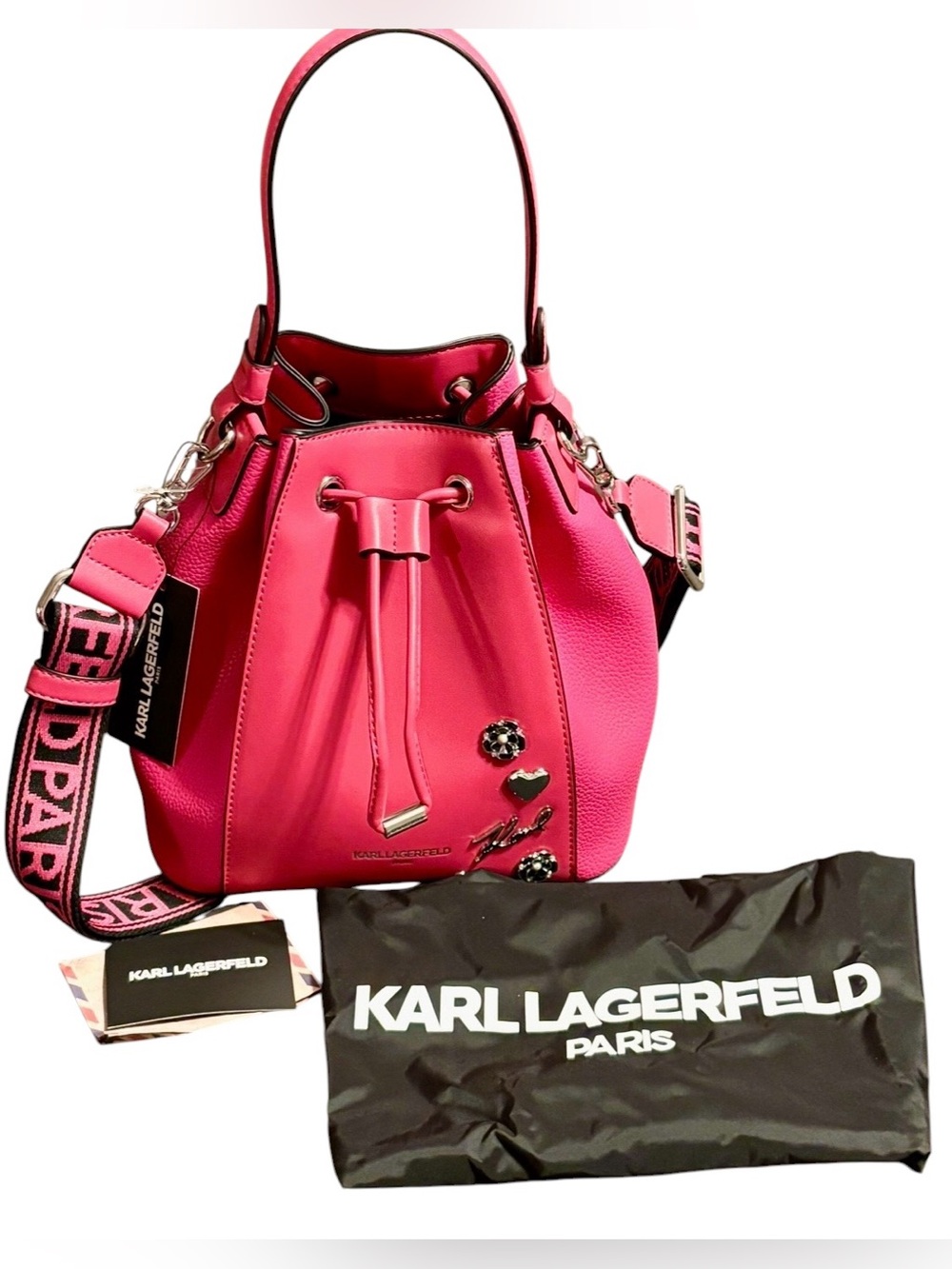 NWT•Karl Lagerfeld Fuchsia Drawstring Charm Bucket Shoulder Bag